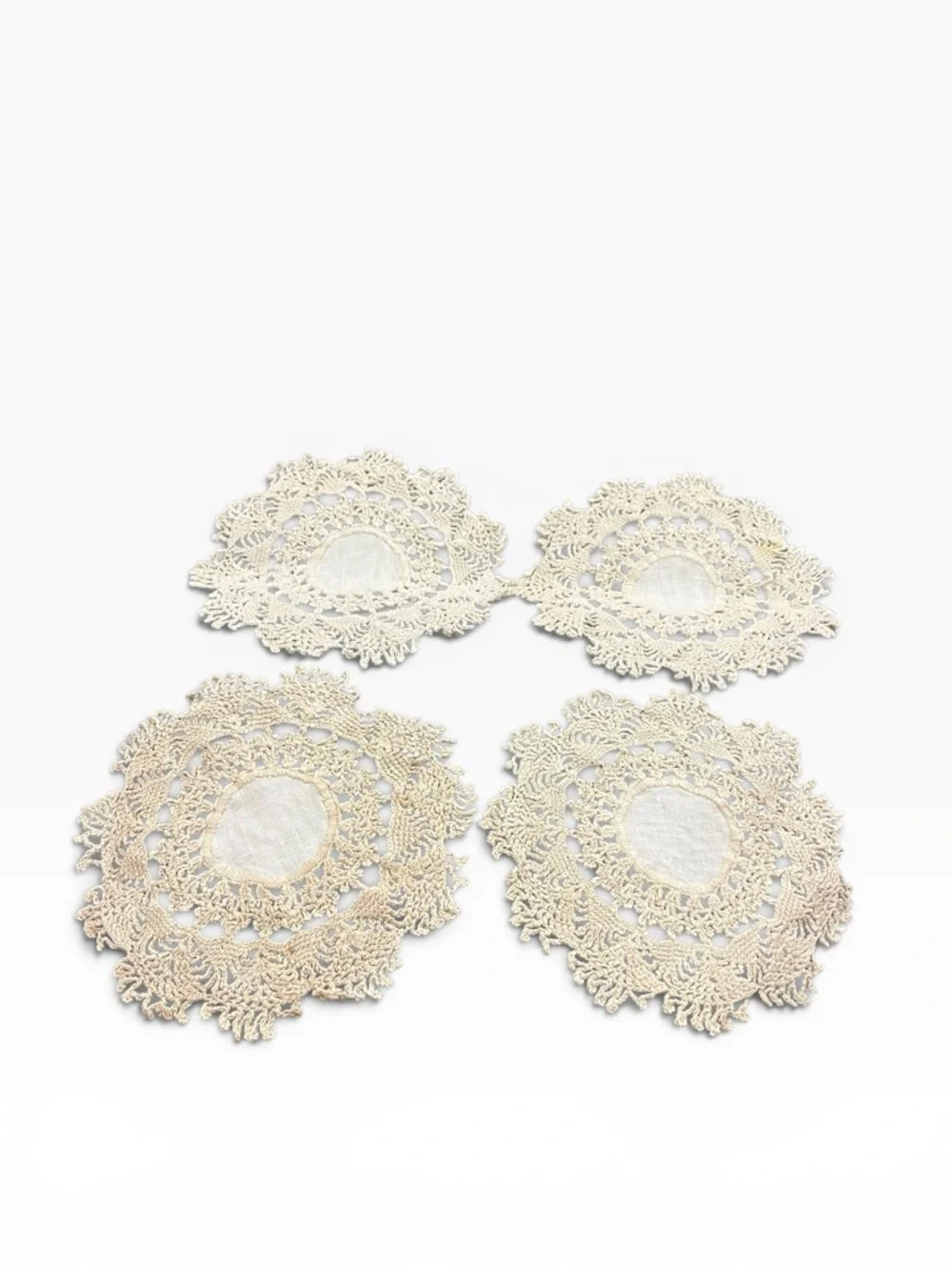 Vintage antique lace doilies coasters lot of 4 cream beige 5” dia. Linens